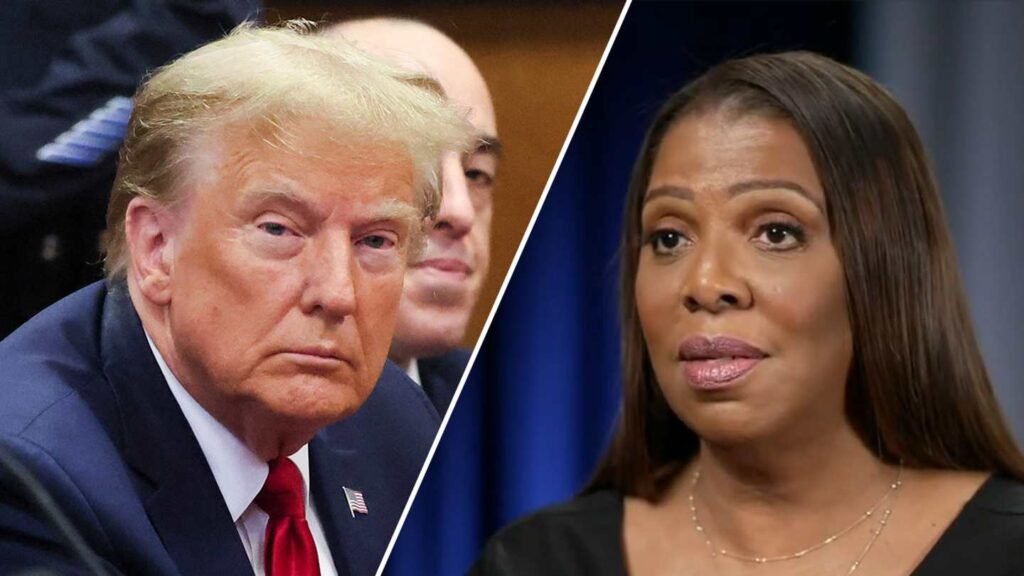 Letitia James, fiscal demócrata que persiguió a Trump, acusada por fraude hipotecario en Virginia A split image features two individuals in formal attire, one seated with a serious expression, the other speaking, both engaged in conversation.