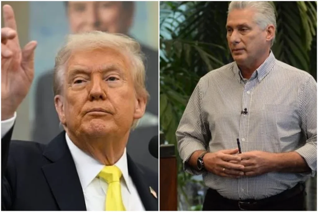 EE. UU. advierte a Cuba que el tiempo se agota y pide liberar presos políticos Two men are side by side in a split image. The man on the left raises a hand, looking serious. The man on the right stands with hands clasped, in a plaid shirt.