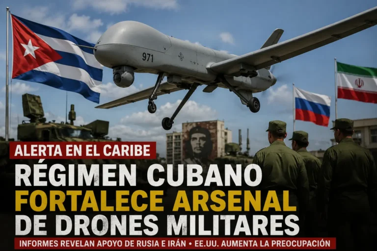 Régimen cubano fortalece arsenal de drones militares y aumenta tensión con EE.UU. Military drone flying above soldiers with Cuba, Russia, and Iran flags in background, headline about Cuba strengthening military drone arsenal.