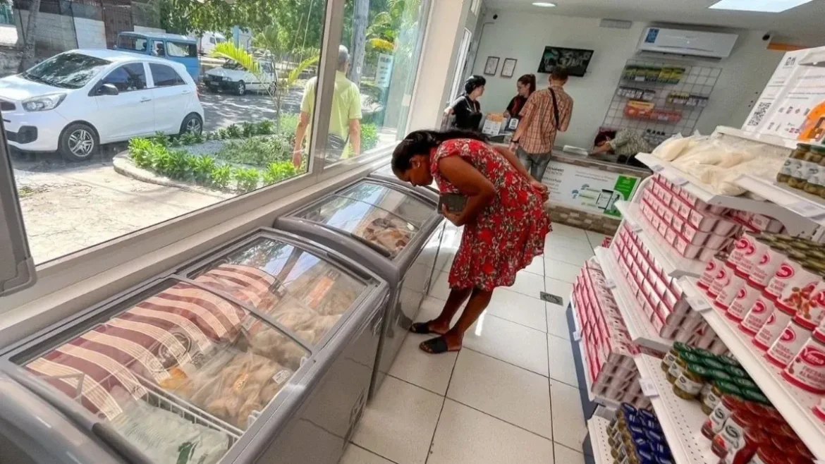Woman in a red dress browsing frozen food in a store with other customers and shelves stocked with canned goods.