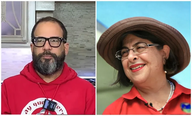 Otaola Fracasa Estrepitosamente en su Intento de Destituir a Daniella Levine Cava Split image showing a man in a red hoodie indoors and a woman outdoors wearing a brown hat and red polo shirt.