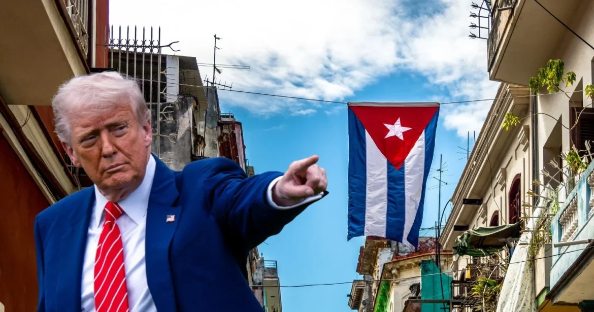 Man in suit pointing with Havana city street and Cuban flag in the background under a partly cloudy sky.